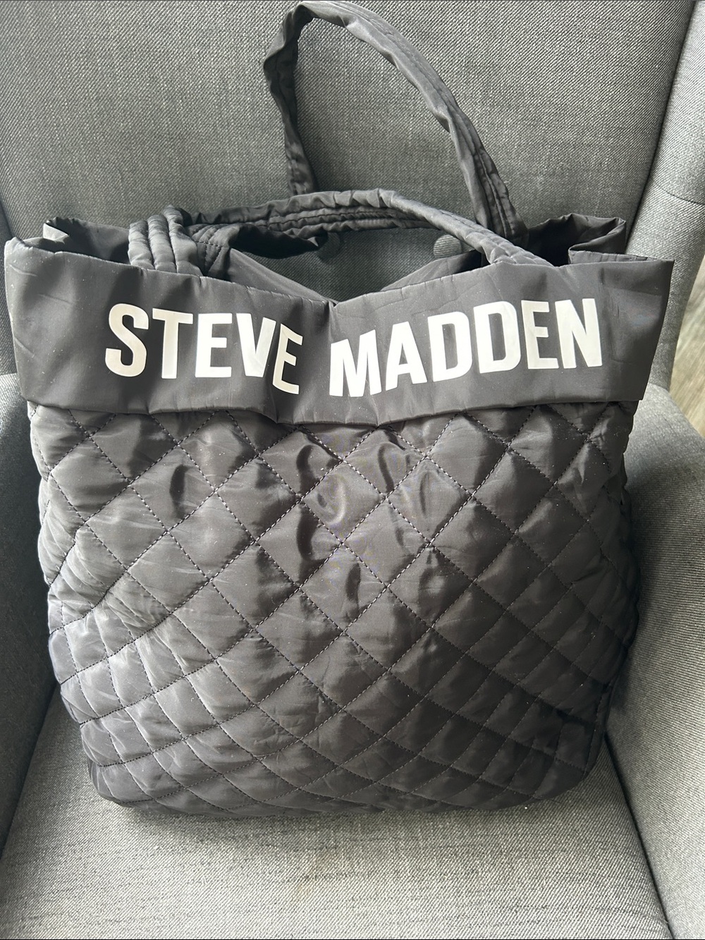 Steve Madden Black Quilted Tote with Logo Trim